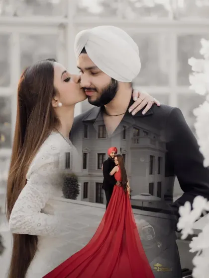 A beautiful double-exposure image combining an intimate kiss with a grand, romantic pose. This artistic technique helps tell a richer story within a single frame.