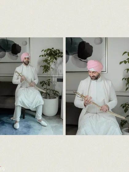 A diptych of the Sikh groom, looking regal with his kirpan.