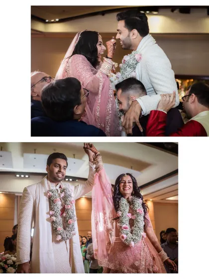 The Varmala ceremony, where the couple is lifted on shoulders, and a triumphant moment of them holding hands after.