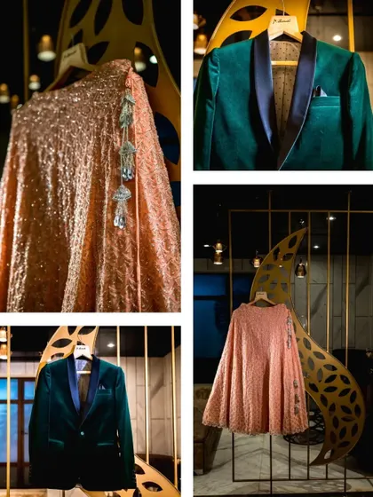 A collage of detail shots from a reception, showcasing the bride's sequined gown and the groom's velvet tuxedo jacket.