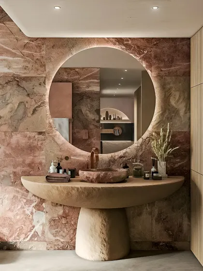 We crafted this statement bathroom to feel like a private spa. The design is centered around a custom pedestal sink and a backlit circular mirror, set against a dramatic wall of rose-toned natural stone, showcasing our expertise in luxury bathroom interiors and material selection.