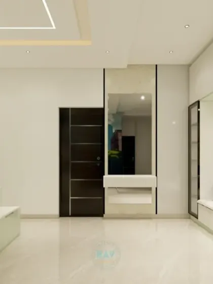This view of the kids' room shows the vanity unit and a cozy window seat, providing plenty of space for both play and relaxation.
