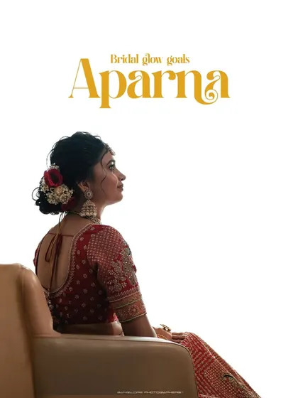 A minimalist and artistic portrait focusing on the bride's profile and the intricate details of her hair and blouse. The "Bridal glow goals" text perfectly suits her radiant look.