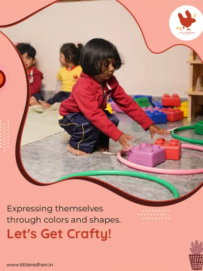 Let's get crafty! Children express themselves through colors and shapes, using blocks and hula hoops to create their own patterns and structures on the floor.