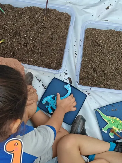 A discovery is made! A child uncovers a dinosaur puzzle piece during our fossil dig, experiencing the thrill of a paleontological find.