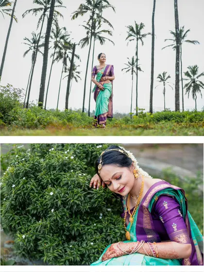 A collage of a bride in a beautiful turquoise and purple saree, posing in a lush, green outdoor setting.