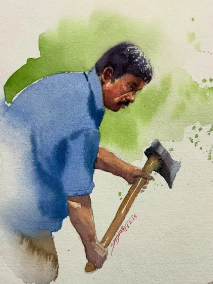 A watercolor figure study of a man with an axe. This piece focuses on capturing a dynamic pose and the anatomy of the subject.