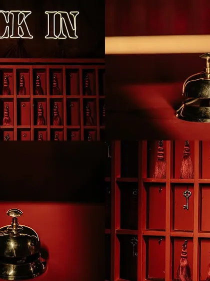 A collage of details from the "Check-In" themed event, including vintage keys, a hotel bell, and a neon sign, setting a cool, retro vibe.