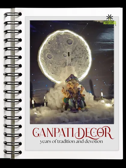An out-of-this-world Ganpati decor theme inspired by the moon landing. This creative setup showcases our ability to bring any imaginative concept to life for home celebrations.
