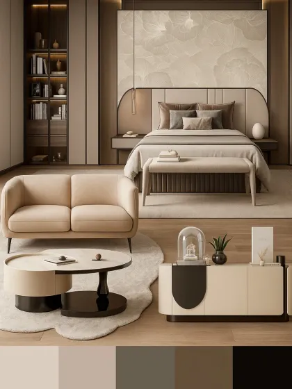A mood board for a luxurious and modern bedroom retreat, blending warm taupes, soft beiges, and deep browns for a perfect harmony of texture and tone.