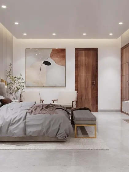 This bespoke bedroom design is a study in beige and wood, an evergreen combination that is always pleasing to the eye. The room feels spacious, luxurious, and incredibly calming.
