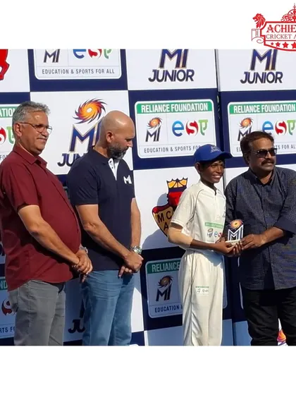 Rajvardhan Jadhav receiving the 'Best Fielder' award at the MI Junior U-14 Tournament for his exceptional skills.