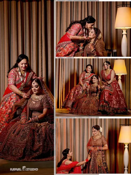 A collage of the bride with her mother and bridesmaids, capturing the emotional and supportive moments while getting ready.