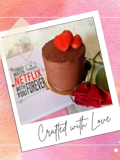 A sweet treat for your special someone. This is my Valentine's Day bento cake, a rich chocolate ganache cake for two, styled with a romantic "Netflix with you forever" card and a red rose.