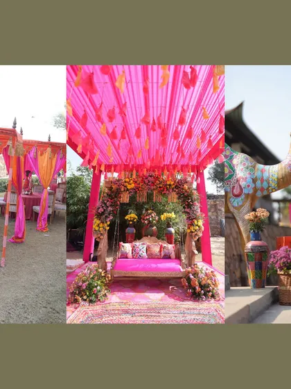 More details from the colorful Mehendi, including the main seating jhoola under a pink canopy and a quirky, painted camel prop.