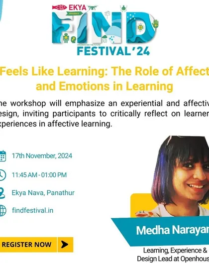 A poster for "Feels Like Learning," a workshop on the role of emotions in education. This session is designed to help educators and parents understand how to create emotionally supportive and engaging learning environments.
