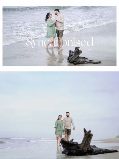 The couple shares a synchronized, peaceful moment on the beach in Goa, creating a calm and romantic pre-wedding memory.