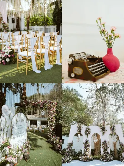 A collage of the beautiful, rustic, and vintage-inspired decor from an outdoor wedding ceremony. These details create a unique and personalized atmosphere.
