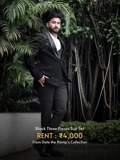 A sharp black three-piece suit set, perfect for a black-tie event or a formal reception. Rent it for just ₹4,000.