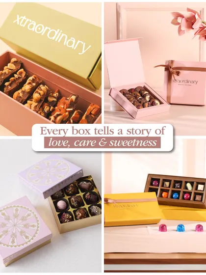 Every box tells a story of love, care, and sweetness. This collage showcases our beautiful packaging for our artisanal chocolates, from bonbons to barks.