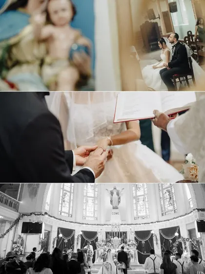 A collage of artistic shots from the church ceremony, focusing on the details and emotions of the vows. The mix of color and black and white adds a timeless quality.