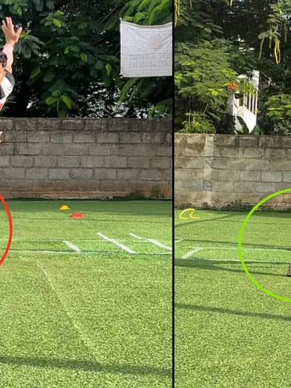 A closer look at the leg spinner's corrected finish. By ensuring an upright body at release, we were able to guide his finish away from the wicket line.