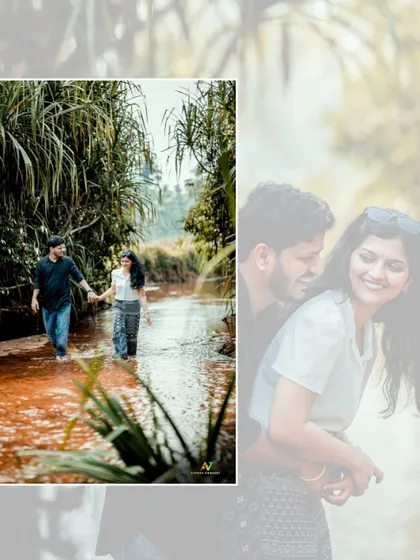 A collage combining a romantic embrace with a shot of the couple walking hand-in-hand through a stream.