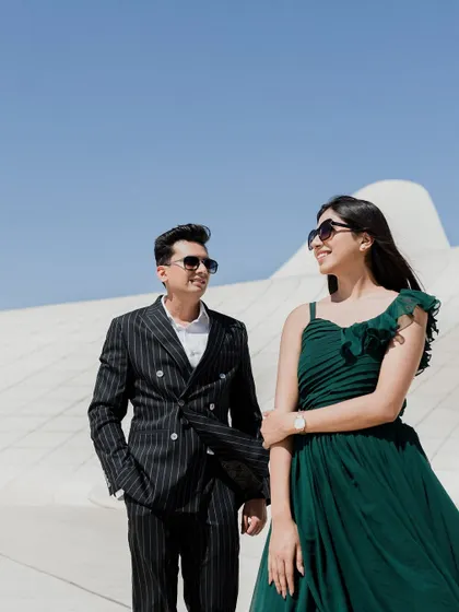 A candid, smiling moment between the couple during their pre-wedding shoot in Baku. Even in a posed setting, I look for the genuine smiles and laughter that reveal their true personalities.