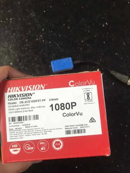 A Hikvision ColorVu 1080p camera box, showing the product and its specifications.