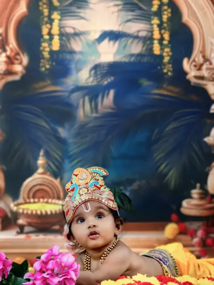 A serene moment as our little Krishna lies down, looking up with wide, curious eyes against a beautiful palace backdrop.