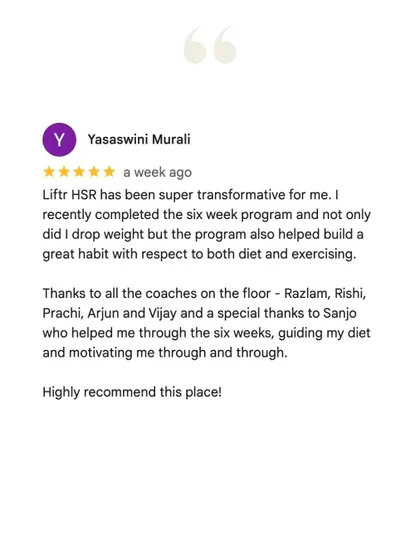 Yasaswini joined to reduce body fat and relieve lower back pain. In 6 weeks, she lost 5 kgs and 7 inches, but more importantly, she's stronger, more active, and her back pain has significantly reduced through our structured strength program.