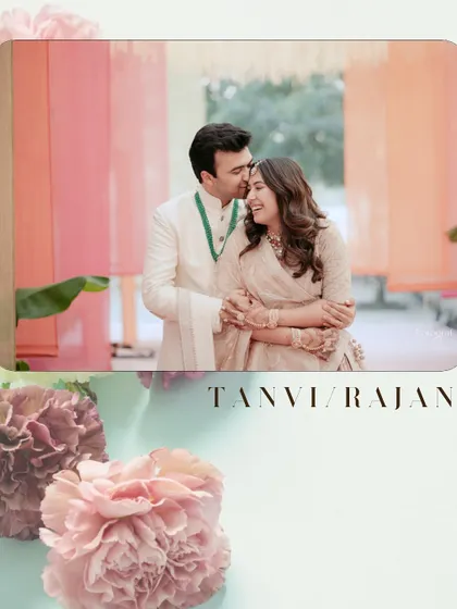 A sweet and intimate portrait, with the groom kissing his bride's forehead as she laughs. The floral frame adds a soft, romantic touch.