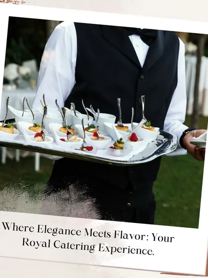 Where elegance meets flavor, that is my promise for your royal catering experience. A well-dressed server presents a tray of delicate appetizers, reflecting my high standards of service.