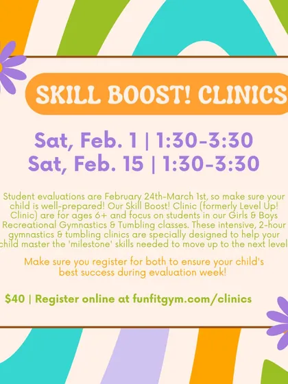 Get ready for evaluation week with our Skill Boost! Clinics. These 2-hour intensive sessions are designed to help students master the milestone skills needed to move up.