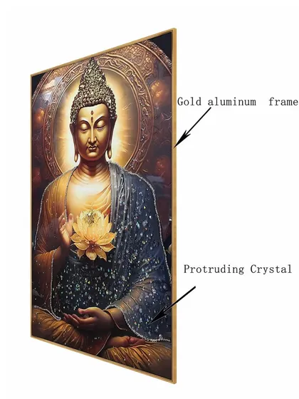 This crystal glass painting of Buddha holding a lotus flower is enhanced with protruding crystals and a gold aluminum frame. The details highlight its premium quality and serene visual appeal.