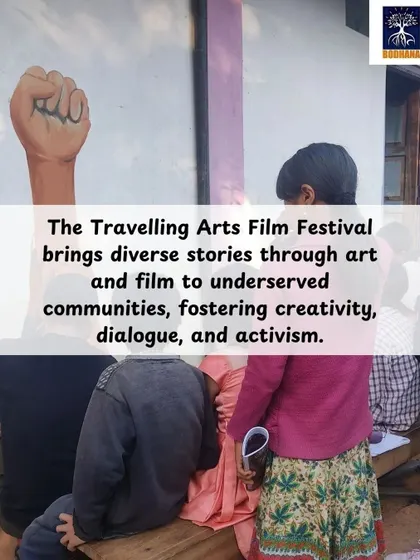 These images are part of a fundraising campaign for the Travelling Arts Film Festival during Daan Utsav. They show the power of art in activism, from community circles to murals, and call for support to empower marginalized youth through creative expression.