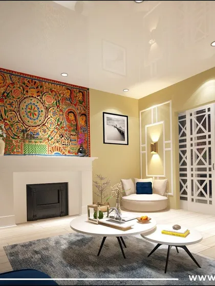 Another view of the eclectic living room, showing the balance between the vibrant tapestry over the fireplace and the serene, modern furniture arrangement.