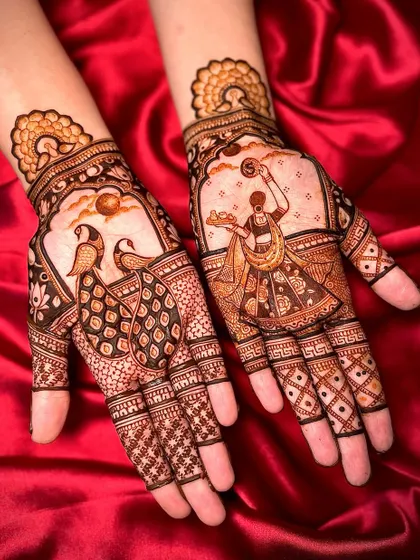 Another beautiful Karwa Chauth design, this one featuring a woman with the ceremonial thali and peacocks.