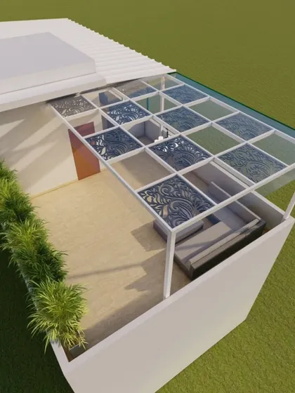 A 3D render showcasing a modern terrace design with a glass and CNC panel pergola, offering a clear view of how natural light will filter through the decorative roof.