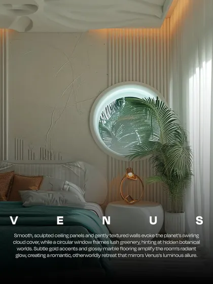 An AI-generated bedroom concept inspired by the planet Venus. Smooth, sculpted ceiling panels, textured walls, and a circular window framing lush greenery evoke a romantic, otherworldly retreat that mirrors the planet's luminous allure.