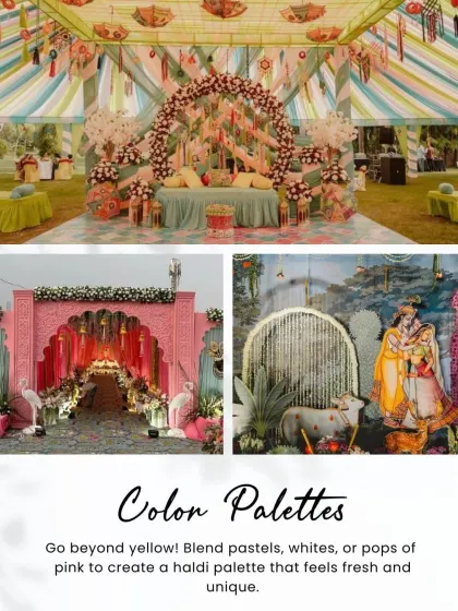 It's not just about yellow. I love creating unique Haldi color palettes with pastels, whites, or pops of pink to make the decor feel fresh and modern, as seen in these diverse setups.