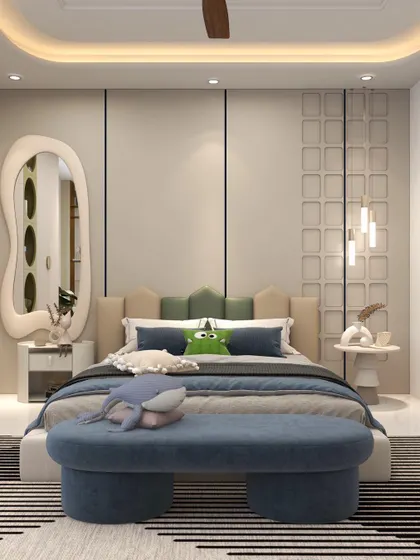 The full view of the kid's bedroom, with a unique wavy mirror, a striped rug, and a fun, comfortable bench.