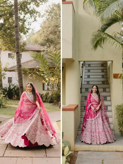 A collage of a bride in a vibrant pink lehenga, posing on a path and a staircase, capturing her elegance and the beauty of the resort.