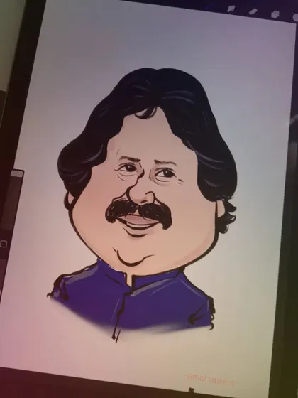 A tribute caricature of the late ghazal maestro Pankaj Udhas, created to honor his memory and contribution to music.