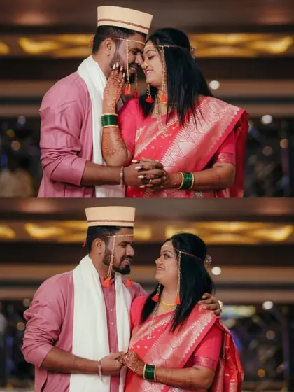 A collage of two intimate portraits of the couple. The top image shows them in a close embrace, while the bottom captures a shared look, telling a story of love and connection.
