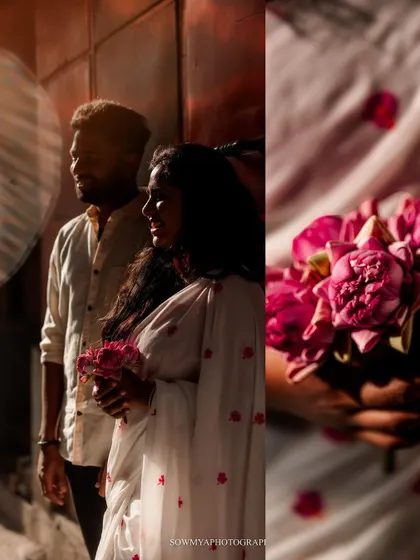 A romantic pre-wedding portrait with dramatic lighting. The couple stands close together, their profiles highlighted against a dark background.