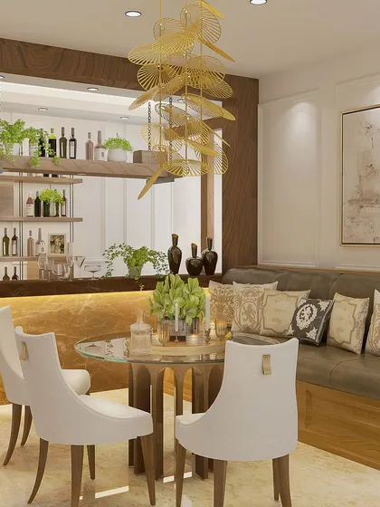 This dining and bar area is designed to improve mental well-being through its harmonious blend of natural elements, warm lighting, and organized, elegant design.