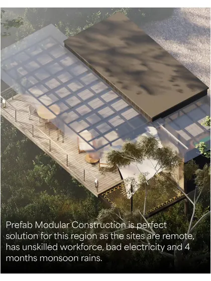 An overhead view of the resort cabin design, showing the transparent roof section that allows natural light to flood the space. This is an example of how I incorporate unique architectural features into my designs.