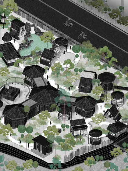 The site plan for Tubu in Chandigarh, illustrating how the individual dining pods are scattered throughout the landscape. The drawing shows our strategy of adaptive reuse and minimal environmental impact.