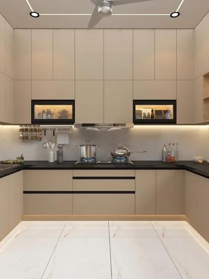 A render of a U-shaped kitchen in a neutral beige, demonstrating ample storage with a mix of drawers and cabinets, all featuring sleek, handle-less fronts.
